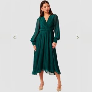 Forever New Teal Pleated V-Neck Long Sleeve Midi Dress